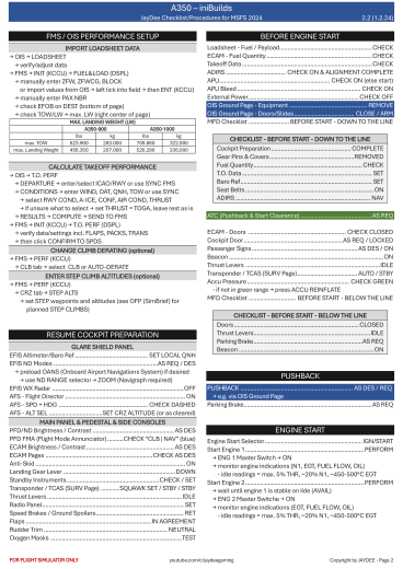 Airbus A350 IniBuilds Checkliste