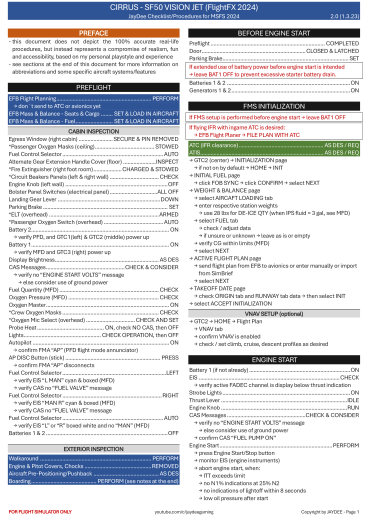 Cirrus SF50 Vision Jet FlightFX 2024 Checkliste