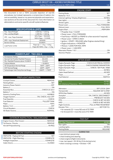 Cirrus SR22 Asobo Checkliste