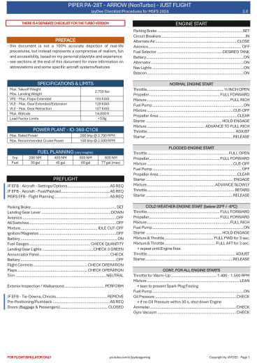 Piper PA-28T Arrow (NonTurbo) – Just Flight Checkliste