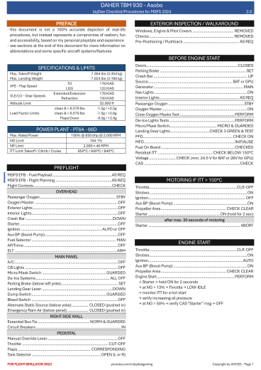 DAHER TBM 930 – Asobo Checkliste
