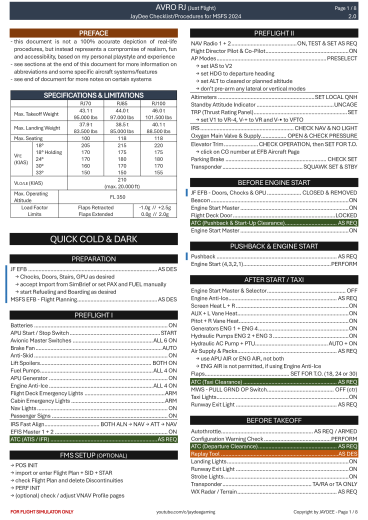 Avro RJ – Just Flight Checkliste
