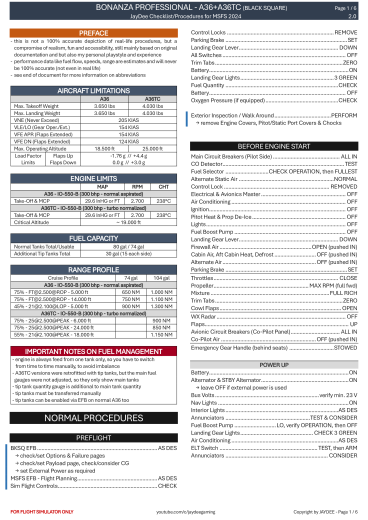 Bonanza Professional – A36 + A36TC (Black Square) Checkliste