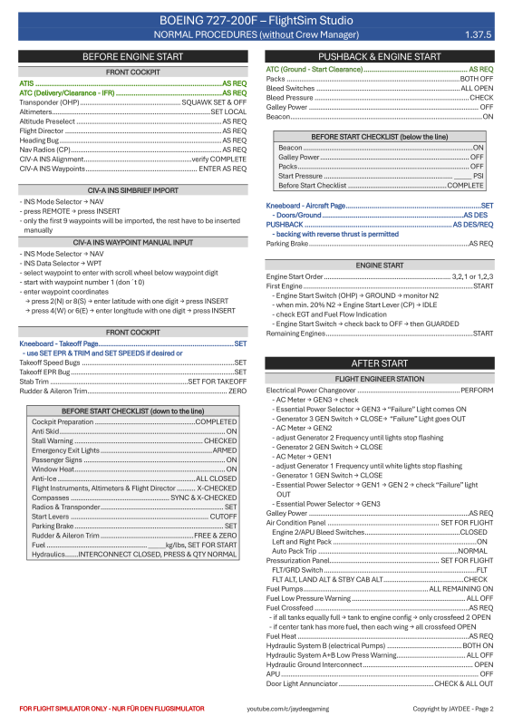 Boeing 727-200 FSS Checkliste auf wasserabweisendem Papier (A5)